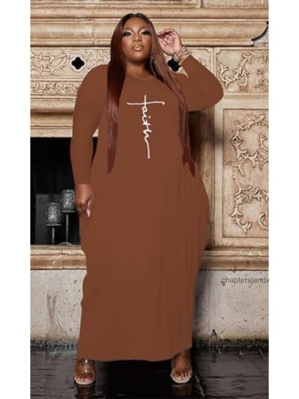 Women's Plus Size Maxi T-Shirt Dress Faith Print Long Sleeve Casual - Picture 2 of 5